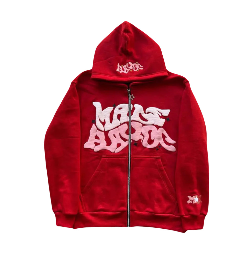 VOVE Star Text Print Graphic Zip Up Hoodie Red