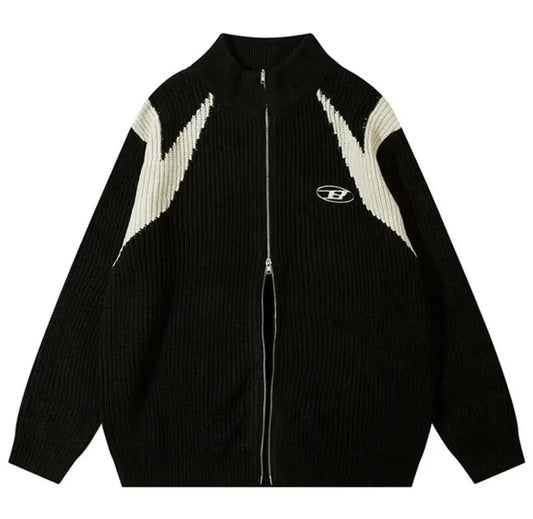 VOVE Double Zipper Retro Knitted Jacket Black