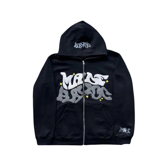 VOVE Star Text Print Graphic Zip Up Hoodie Black