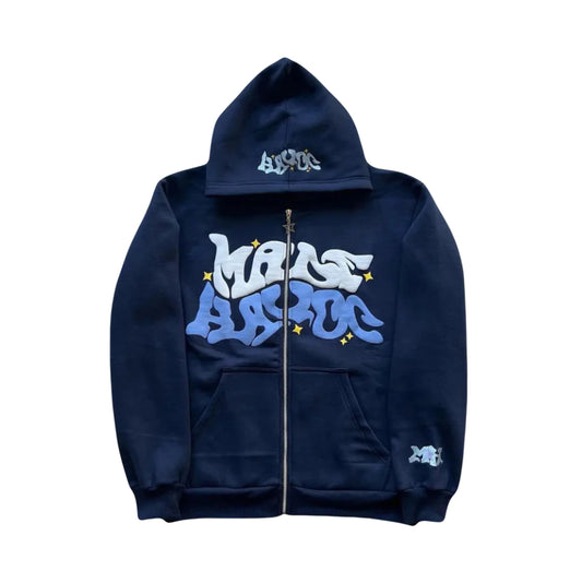 VOVE Star Text Print Graphic Zip Up Hoodie Blue