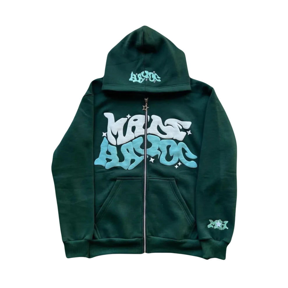 VOVE Star Text Print Graphic Zip Up Hoodie Mint Green