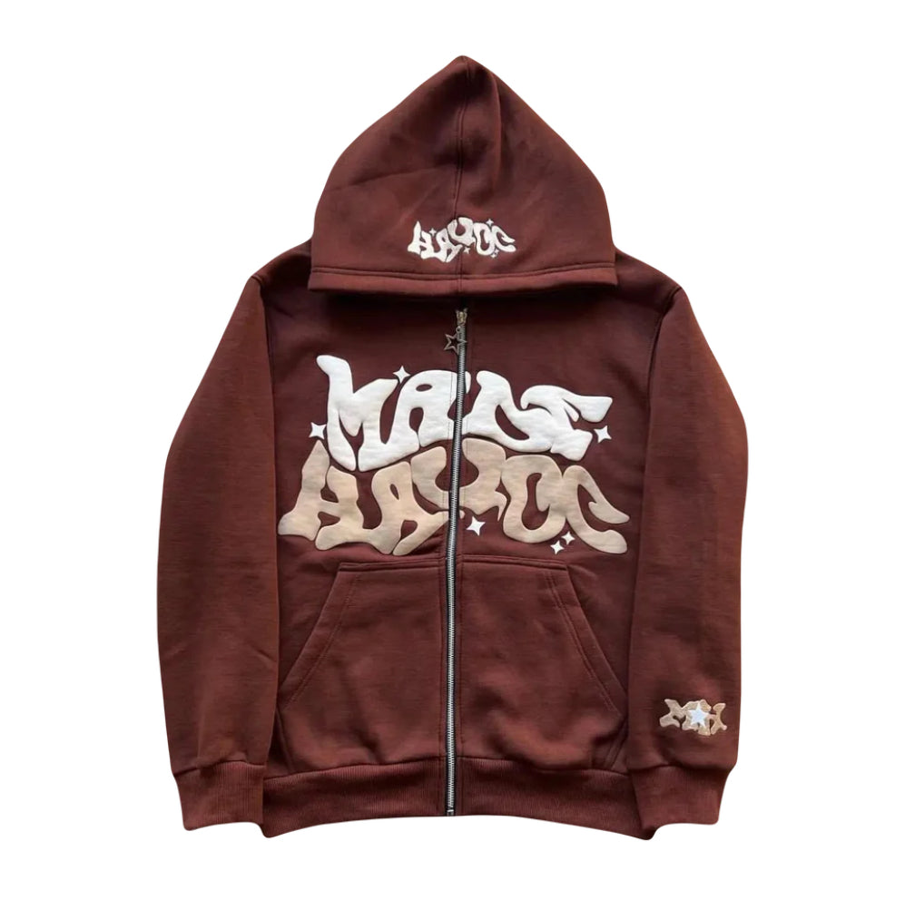 VOVE Star Text Print Graphic Zip Up Hoodie Brown