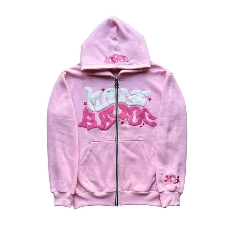 VOVE Limited Edition Star Text Print Graphic Zip Up Hoodie Pink