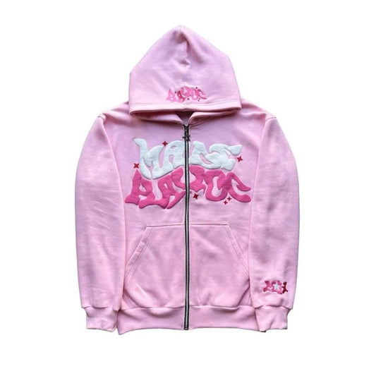 VOVE Limited Edition Star Text Print Graphic Zip Up Hoodie Pink