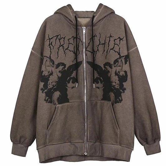 VOVE Graphic Angel Print Zip Up Hoodie Brown