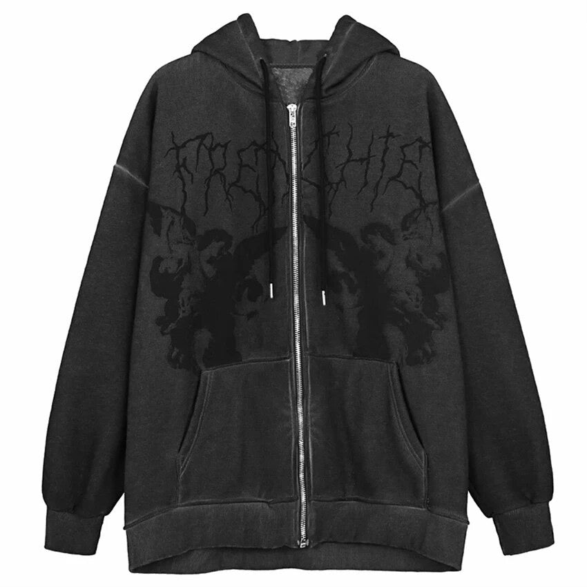 VOVE Graphic Angel Print Zip Up Hoodie Black