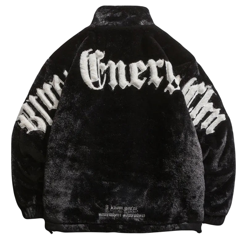 VOVE Fluffy Embroidery Text Jacket Black